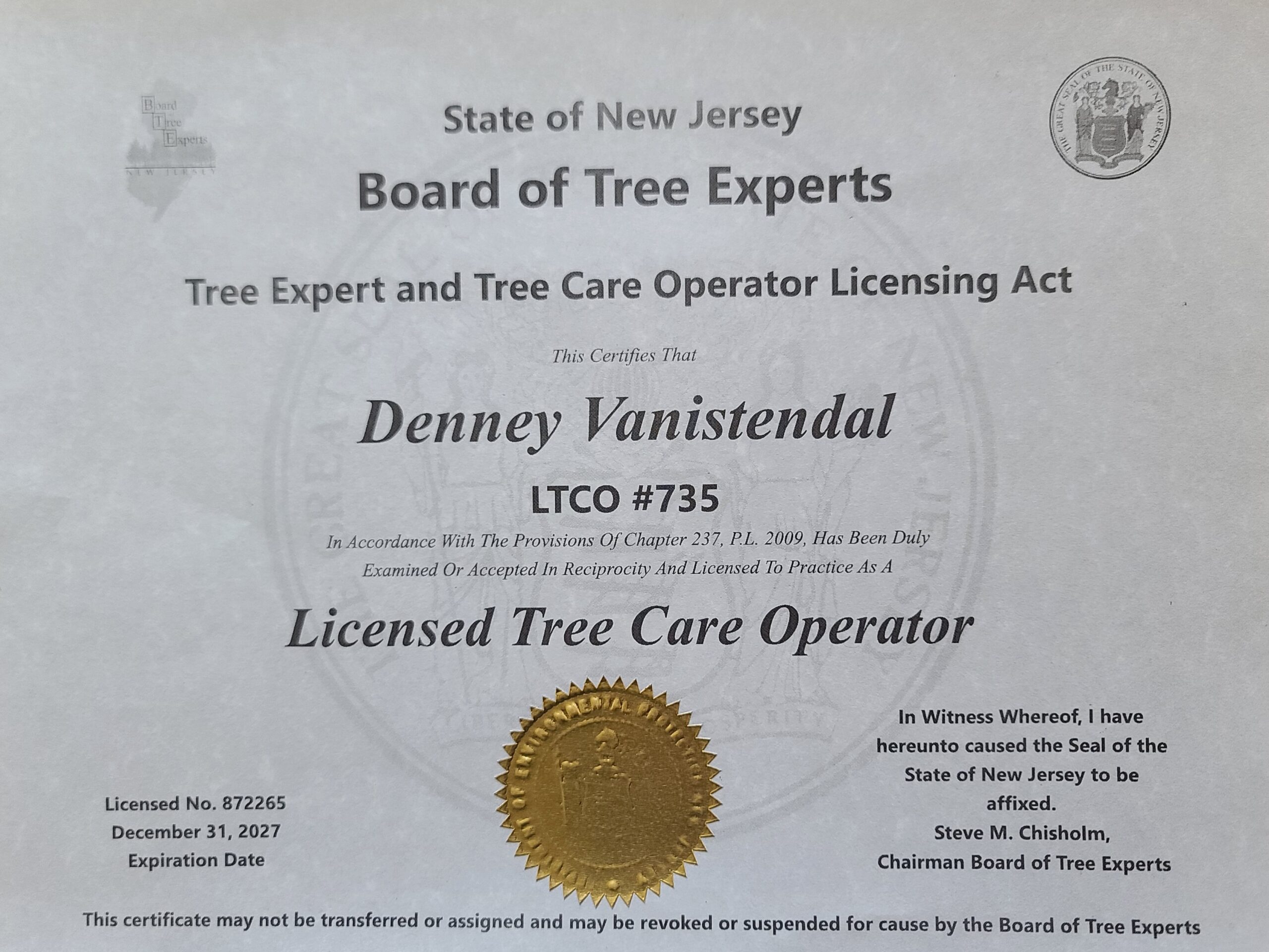 New Jersey Licensed Tree Care Operator certificate for Big Timber Tree Service LLC, LTCO license number 735, valid through 2027