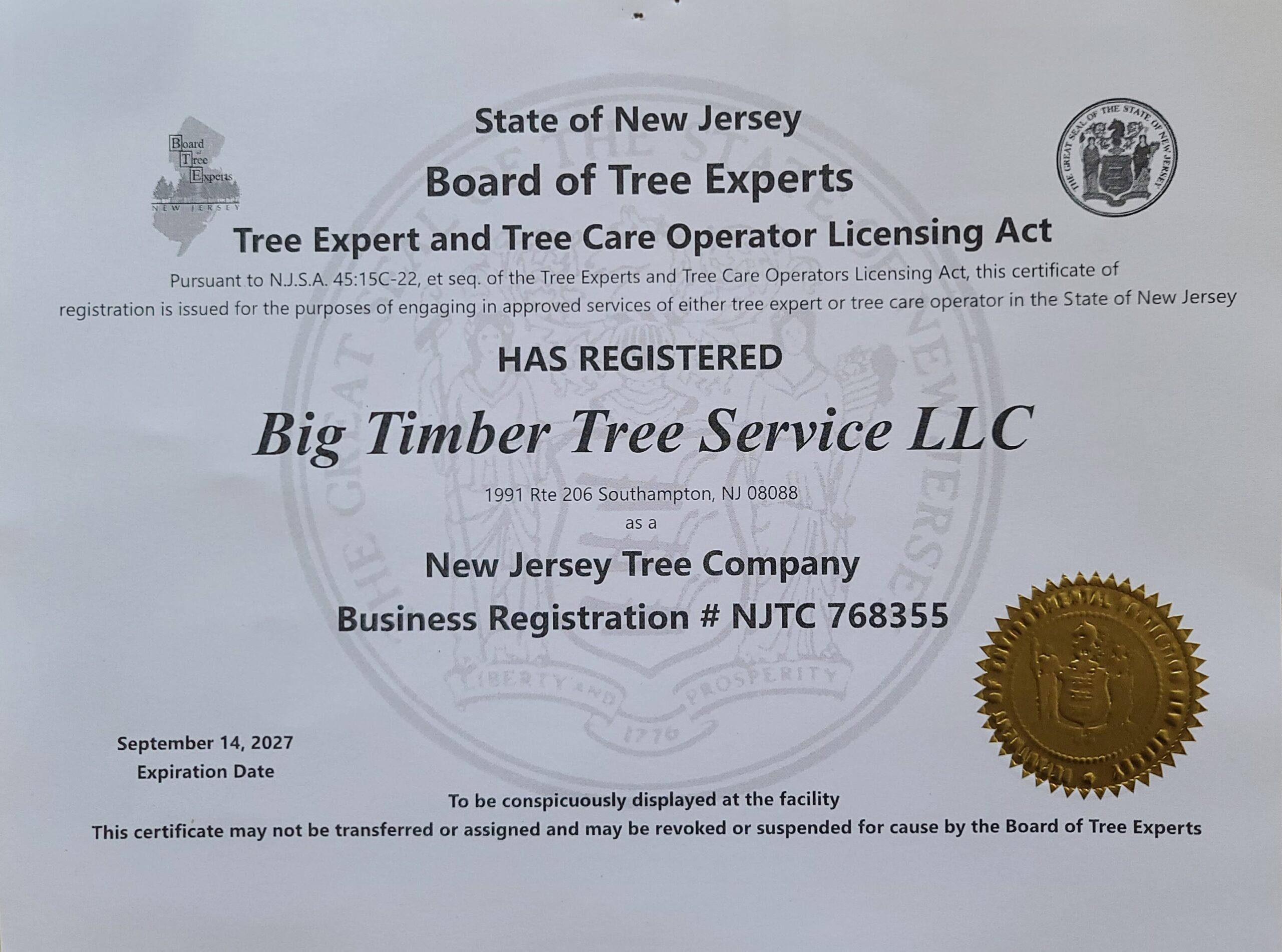 New Jersey Licensed Tree Expert certificate issued to Denney Van Istendal of Big Timber Tree Service, license number NJTC768355, valid through 2027
