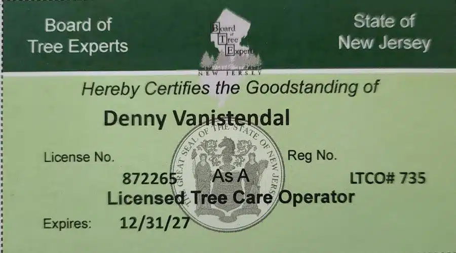Official New Jersey Board of Tree Experts identification card for Denney Van Istendal, card number 872265, valid through 2027