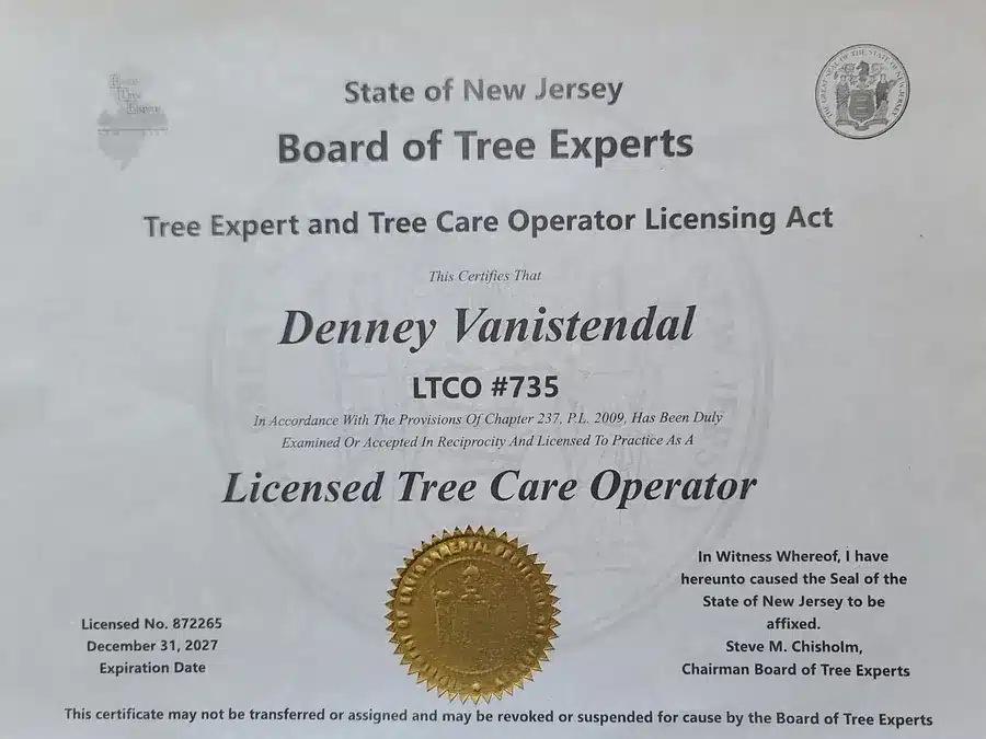 New Jersey Licensed Tree Care Operator certificate for Big Timber Tree Service LLC, LTCO license number 735, valid through 2027